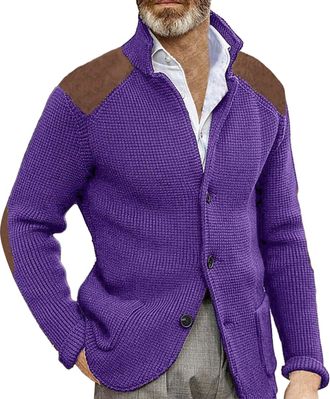 Generic Cardigan Sweater for Men Uk: Solid Color Long Sleeves Chunky Tops with Elbow Patches Shawl Collar Knitted Cardigan Jackets Slim Fit Vintage Button Dow
