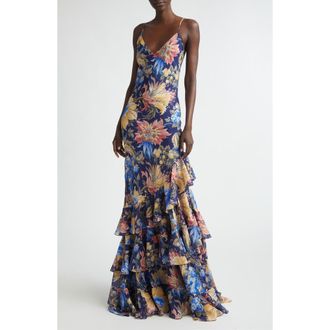 Etro Floral Ruffle Check Jacquard Gown in Print On Blue Base at Nordstrom, Size 44