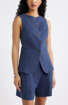 Open Edit Linen Blend Vest in Navy Indigo at Nordstrom, Size Xx-Small