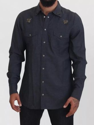 Dolce & Gabbana denim shirt crystal bee brooch crown