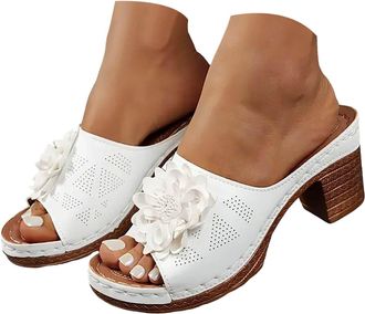 Generic Women Platforms Sandals Open Toe Leather Summer Slides Chunky Heels Solid Color Slip Lady Vintage Non Slip Breathable Walking Outdoor Casual Shoes (Wh