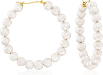 Ross-Simons 6-7mm Cultured Pearl Hoop Earrings in 14kt Yellow Gold