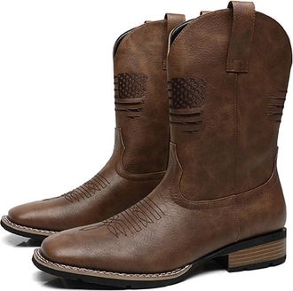 Generic Cowboy Boots for Men Pull-On Western Boots with Square Toe | Embroidered Faux Leather Mid-Calf Boots for Casual & Ranch Wear,Brown,10.5 UK