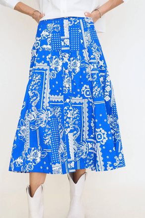 Merci Paisley Denim Button Down Midi Skirt In Blue