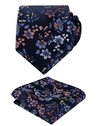 Alizeal Mens Floral Patterned Necktie and Pocket Square Elegant Classic Tie Set, Navy+White+Yellow
