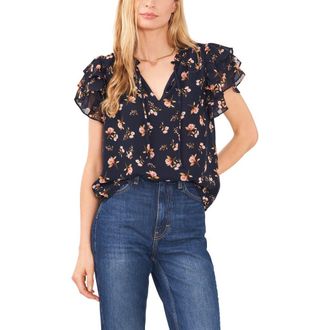 1.State Floral Print Flutter Sleeve Top in Blue at Nordstrom, Size X-Small