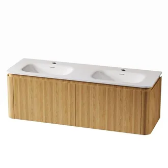 Royal Plaza Terra Badkamermeubelset - 140x46.2x46cm - solid surface wastafel wit mat - 2 wasbakken - 2 kraangaten - 4 lades - sandwood (licht eiken)