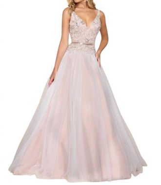 Mac Duggal Fit And Flare Ball Gown With Lace And Bead Applique In Ivory/nude