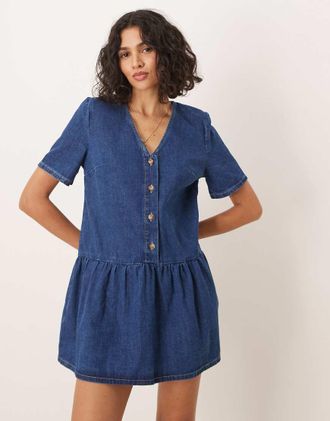 Asos drop waist denim V-neck mini dress in indigo-Blue