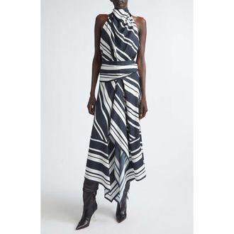 Brandon Maxwell Marin Stripe Scarf Halter Midi Dress in Black/white Stripe at Nordstrom, Size 4
