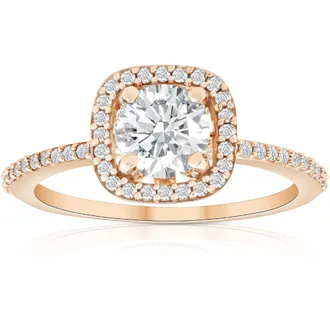 Pompeii3 1 1/4 Ct Moissanite & Diamond Cushion Halo Engagement Ring 10k Rose Gold
