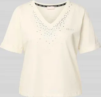 Liu Jo T-Shirt mit Strasssteinbesatz und V-Ausschnitt in Offwhite, Gr&ouml;&szlig;e XXL