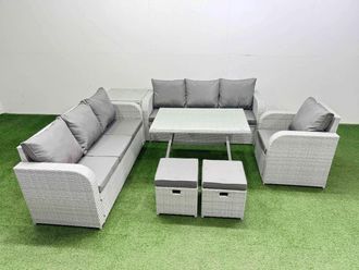 Fimous 7 Pieces Outdoor PE Rattan Garden Furniture with Side Table 2 Stools in Light Grey