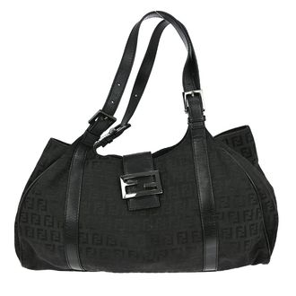 Fendi Belted Shoulder Bag Zucchino Canvas Black Canvas Handbag (Pre-Owned)