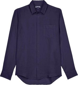 Vilebrequin Linnen en Katoenen Overhemd Jacquard Turtle Monogram - Heren - Casual Overhemden - Blauw - 2XL - Katoen - Overhemden