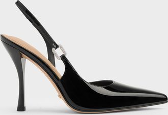 Charles & Keith Patent Leather Crystal-Buckle Slingback Pumps