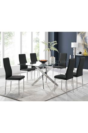 Furniturebox Leonardo Glass & Chrome Metal Dining Table & 6 Milan Chairs Dining Set in Black