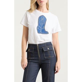 Cinq &agrave; Sept Silver Studs Denim Boot T-Shirt in White/Indigo at Nordstrom Rack, Size Xx-Small