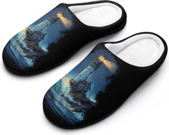Generic Lighthouse And Wave Mens House Slippers Memory Foam Washable Cotton Slip on Home Shoes