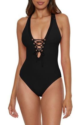 BECCA by Rebecca Virtue Modern Edge Lace-Up Plunge One-Piece Swimsuit in Black at Nordstrom Rack, Size Large