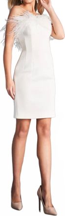 Jovani Strapless Feather Neckline Cocktail Dress In White