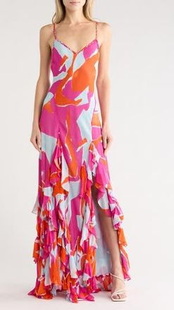 Diane Von F&uuml;rstenberg Stella Ruffle Maxi Dress in Island Camo Large Pink at Nordstrom Rack, Size 10