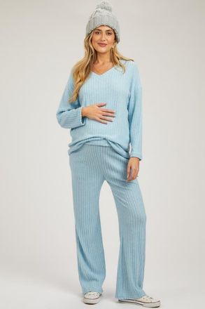 Pinkblush Ribbed Soft Knit Long Sleeve Pajama Set in Light Blue at Nordstrom, Size X-Large