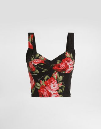 Dolce & Gabbana Rose Bouquet-print Cotton Bustier Top - Woman Shirts And Tops Multicolor 40