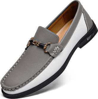 Generic Mens Leather Dress Loafers Classic Slip-on Penny Loafer Moccasins with Metal Buckle Two-Tone Casual Walking Business Driving Shoes (Grey,11.5)