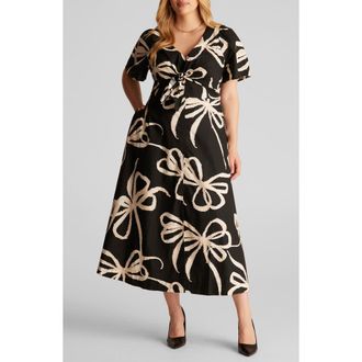 Estelle Nadja Floral Cotton Midi Dress in Beige Bows at Nordstrom, Size 20W