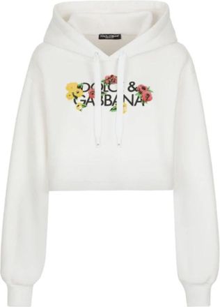 Dolce & Gabbana Bloemenprint Crop Hoodie - Dames - Hoodies - Wit - M - Katoen - Hoodies & sweatvesten
