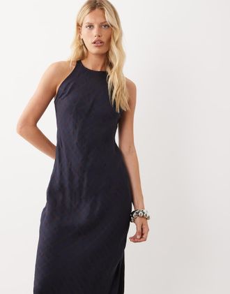 Mango vestito midi senza maniche con allacciatura al collo a quadri blu