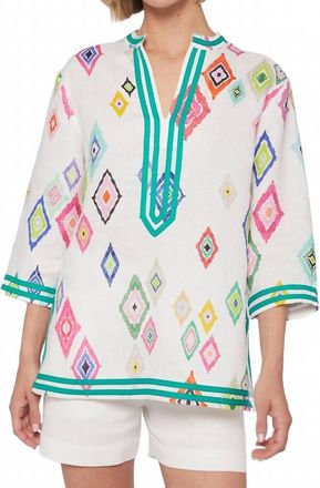 Vilagallo Diamond Ikat Linen Top In White Multi