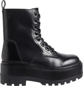 Calvin Klein Jeans Flatform Hoge Veterschoenen - Dames - Veterlaarzen - Zwart - 38 EU - Leer - Schoenen