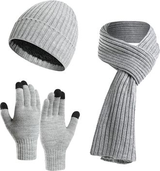 Generic Hat Scarf and Gloves Set Ladies, Winter 3 In1 Knitted Cap Fleece Neck Warmer Touchscreen Gloves Set for Ladies Outdoor Wearing (Dark Gray, One Size)