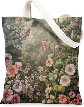 Generic Spring Aesthetic Geranium Canvas Tote Bag for Shopping 13x15, Vintage Flower Garden Reusable Grocery Print Bag for Women, Floral Wildflower Beach Aest