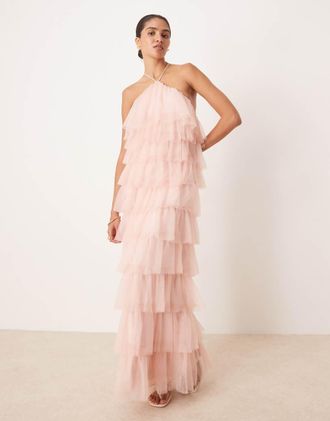 Pretty Lavish Vestito lungo in tulle rosa peonia con volant e schiena scoperta