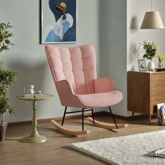 OEM Sill&oacute;n Mecedora Escandinavo 1 Plaza - Terciopelo Teddy Rosa, Madera Maciza Y Metal, 68x75x92 Cm