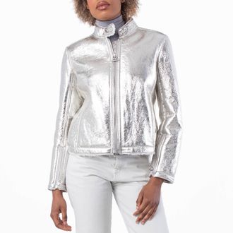 Ferragamo Ferragamo Metallic Laminate Shearling Jacket, Brand Size 42 ( US Size 8 )