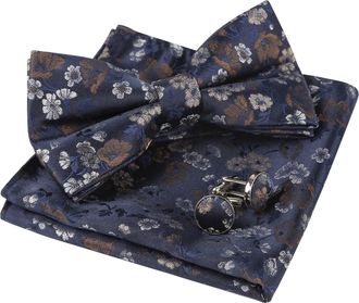 Alizeal Mens Floral Pattern Pre-tied Bow Tie, Pocket Square and Cufflinks Set, Navy+Brown+White