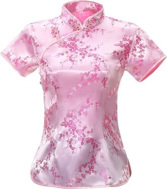 ACVIP Womens Plum Blossom Brocade Qipao Top Stand Collar Short Sleeve Chinese Shirt Blouse (UK 16/Chinese 3XL, Pink)