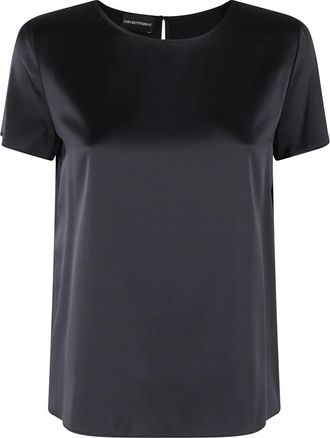 Emporio Armani Zijden Satijnen Blouse met Korte Mouwen - Dames - Blouses - Blauw - L - Satijn - Overhemden