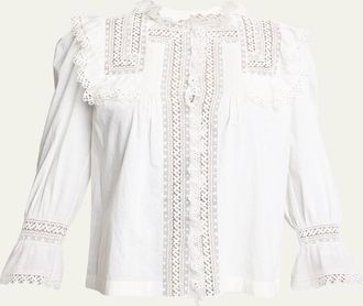 Saint Laurent Lace-Yoke Ruffle Poplin Blouse