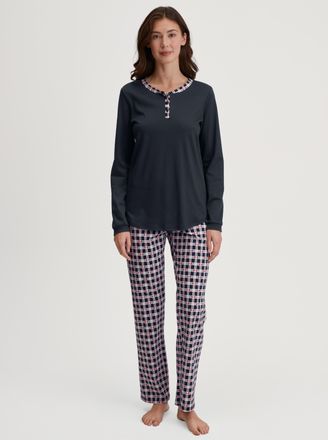 CALIDA Schlafanzug CALIDA Family & Friends, Damen, Gr. XS (36/38), schwarz sapphire, Interlock, Obermaterial: 100% Baumwolle, bequem lang, Serafino, Homewear