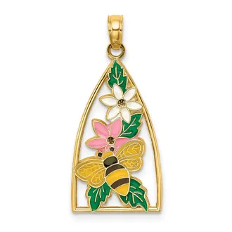 Diamond2Deal 14k Yellow Gold Enameled Bumblebee Flowers Triangle Charm