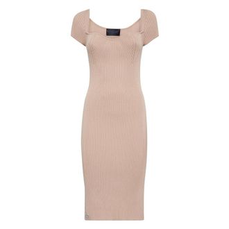 Philipp Plein Gebreide Midi Jurk - Dames - Kleedjes - Beige - L - Polyester - Kleedjes
