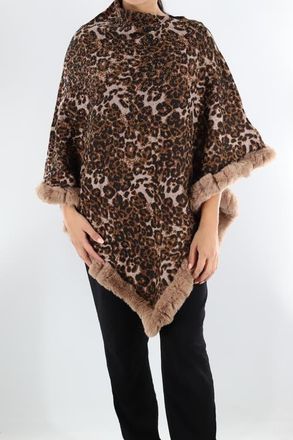 La Fiorentina Animal Print Poncho with Stones/Faux Fur in Brown at Nordstrom