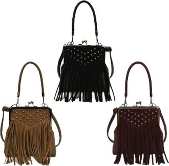 Generic Women PU Rivet Shoulder Bag with Tassel Hobo Handbag for Travel Work (Black)