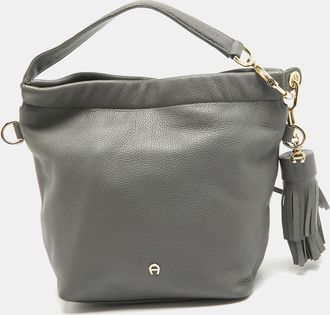 Aigner Grey Leather Tassel Charm Hobo