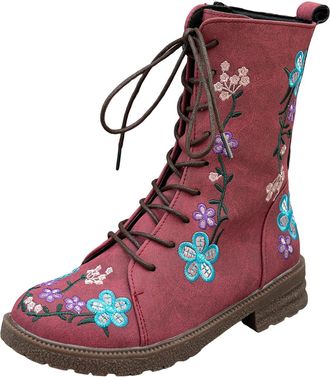 Generic Womens Ankle Boots Flower Embroidery Biker Boot Lace Up Riding Boots Faux Leather Combat Boot Ladies Retro Mid Calf Booties with Side Zipper Shoes Wes